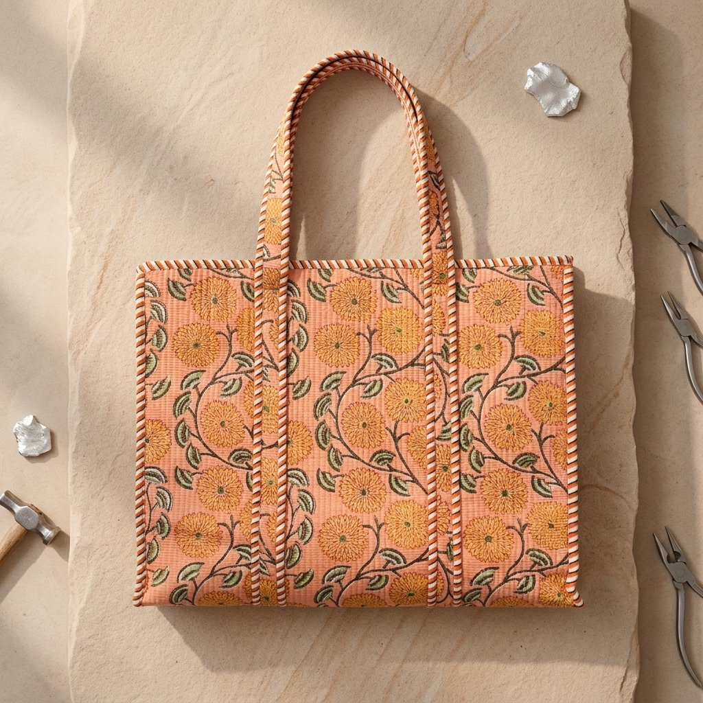 Close-up of the handcrafted earthy floral print detailing, classic striped handle strap attachments, dense quilted stitching texture lines, and wide base gusset on an Indian cotton carryall tote.