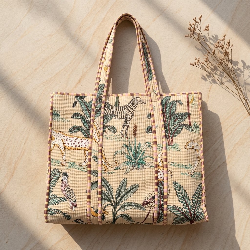 A shopper carrying the Jungle Print Quilted Cotton Tote Bag by the wide straps, showcasing its generous packing capacity and vibrant bohemian accessory style at an outdoor market.