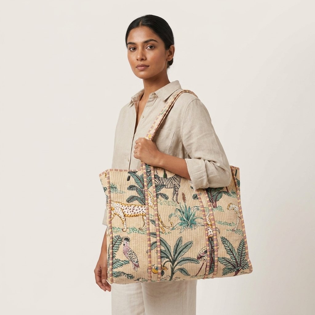 A shopper carrying the Jungle Print Quilted Cotton Tote Bag by the wide straps, showcasing its generous packing capacity and vibrant bohemian accessory style at an outdoor market.