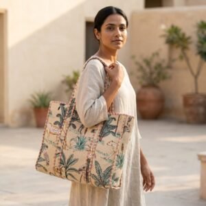 Jungle Print Quilted Cotton Tote Bag showing the traditional hand block print artisan design with the spacious main compartment opening and reinforced double shoulder handles.