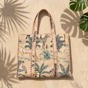 Jungle Print Quilted Cotton Tote Bag showing the traditional hand block print artisan design with the spacious main compartment opening and reinforced double shoulder handles.