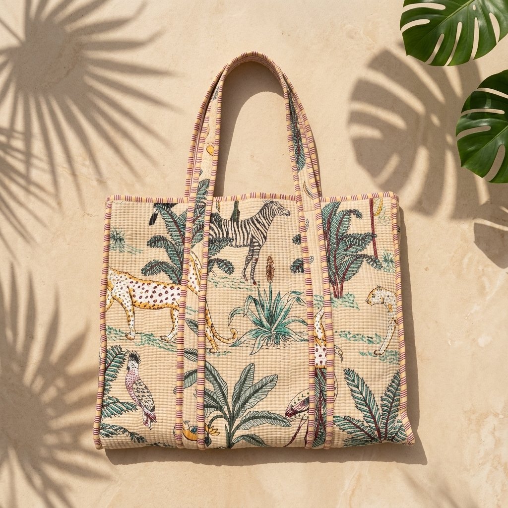 Jungle Print Quilted Cotton Tote Bag showing the traditional hand block print artisan design with the spacious main compartment opening and reinforced double shoulder handles.