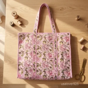 A person carrying a large Quilted Cotton Tote Bag with Artisan Pattern Prints comfortably over their shoulder during a weekend getaway beach trip.