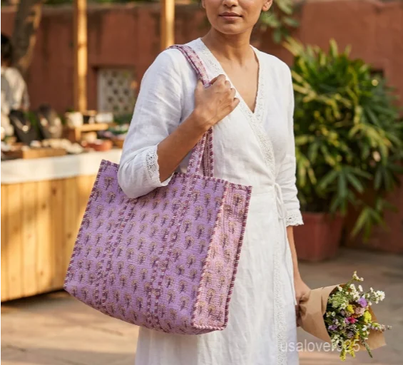 Quilted Cotton Tote Bag with Artisan Pattern Prints and large shoulder handles showing the vibrant traditional design.