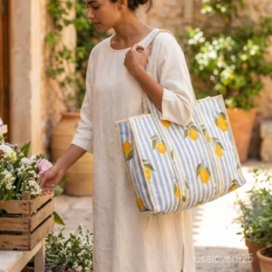 Quilted Cotton Tote Bag with Artisan Pattern Prints and large shoulder handles showing the vibrant traditional design.