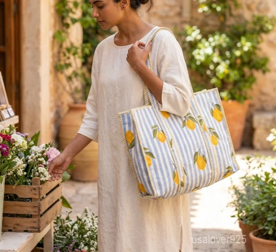 Quilted Cotton Tote Bag with Artisan Pattern Prints and large shoulder handles showing the vibrant traditional design.