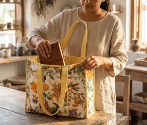 Quilted Cotton Tote Bag with Artisan Pattern Prints and large shoulder handles showing the vibrant traditional design.