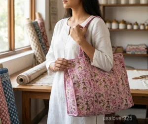 Quilted Cotton Tote Bag with Artisan Pattern Prints and large shoulder handles showing the vibrant traditional design.