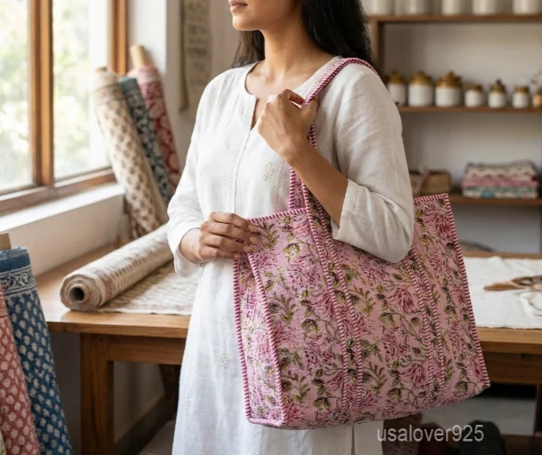 Quilted Cotton Tote Bag with Artisan Pattern Prints and large shoulder handles showing the vibrant traditional design.