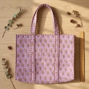Quilted Cotton Tote Bag with Artisan Pattern Prints and large shoulder handles showing the vibrant traditional design.