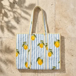 Quilted Cotton Tote Bag with Artisan Pattern Prints and large shoulder handles showing the vibrant traditional design.