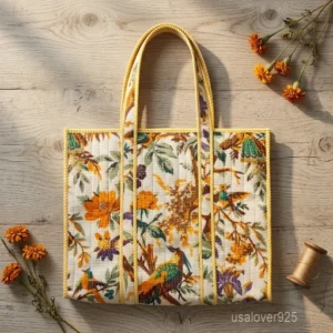 Quilted Cotton Tote Bag with Artisan Pattern Prints and large shoulder handles showing the vibrant traditional design.