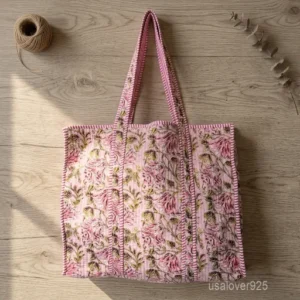 Quilted Cotton Tote Bag with Artisan Pattern Prints and large shoulder handles showing the vibrant traditional design.