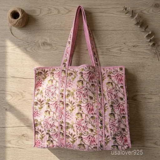 Quilted Cotton Tote Bag with Artisan Pattern Prints and large shoulder handles showing the vibrant traditional design.