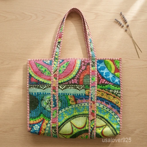 A person carrying a large Quilted Cotton Tote Bag with Hand Block Print comfortably over their shoulder during a casual weekend grocery market run.