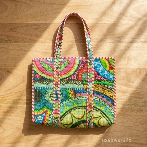 Quilted Cotton Tote Bag with Hand Block Print showing the large shoulder handles and traditional artisan pattern design.