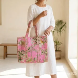 Quilted Cotton Velvet Tote Bag with large shoulder handles showing the vibrant traditional ethnic bohemian print design.