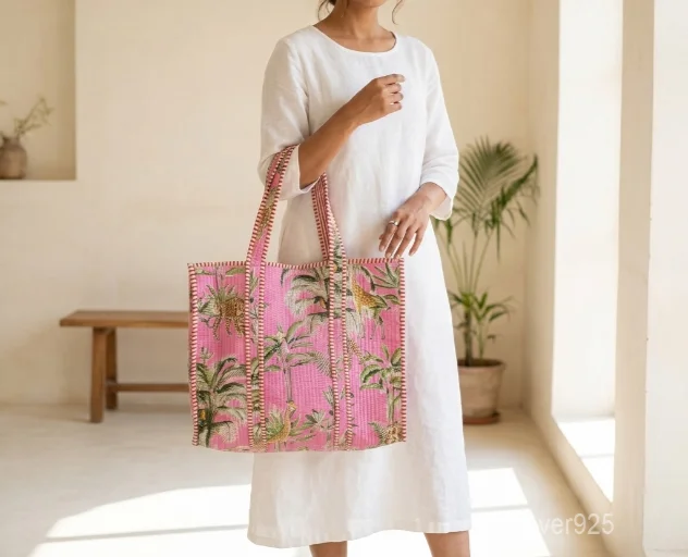 Quilted Cotton Velvet Tote Bag with large shoulder handles showing the vibrant traditional ethnic bohemian print design.