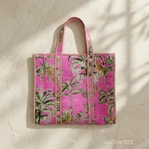 Quilted Cotton Velvet Tote Bag with large shoulder handles showing the vibrant traditional ethnic bohemian print design.