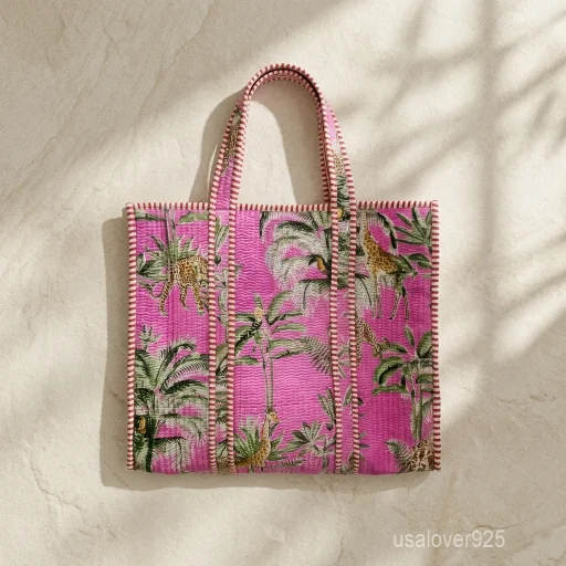 Quilted Cotton Velvet Tote Bag with large shoulder handles showing the vibrant traditional ethnic bohemian print design.