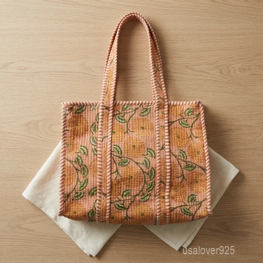 A person carrying a Quilted Floral Block Print Cotton Tote Bag comfortably over their shoulder during a daily market visit.