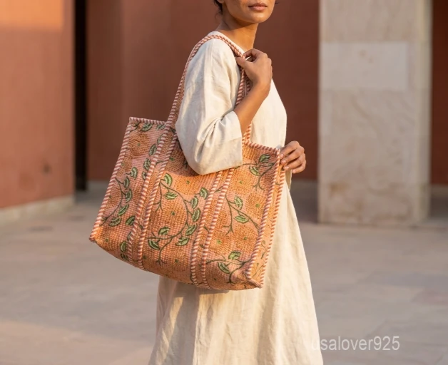 Quilted Floral Block Print Cotton Tote Bag with striped handles showing the traditional hand block botanical print layout in warm earthy tones.