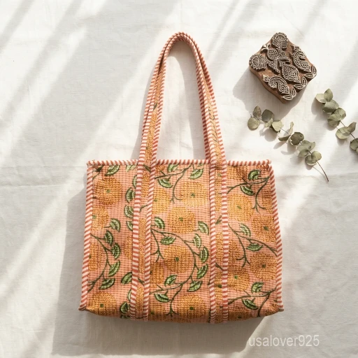 Quilted Floral Block Print Cotton Tote Bag with striped handles showing the traditional hand block botanical print layout in warm earthy tones.