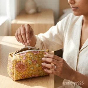 Close-up of the handcrafted floral hand-block print detailing, dense decorative quilted stitching rows, waterproof internal plastic inner lining, and built-in inside slots on an Indian cotton cosmetic pouch caddy.