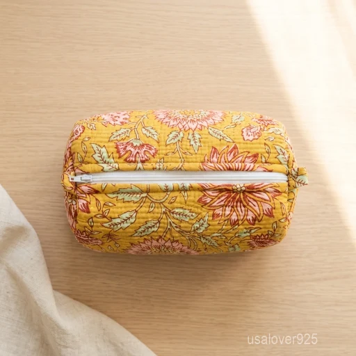 Set of 3 Quilted Floral Toiletry Bag Set nesting configuration showing the traditional block print artisan design and secure zipper fastenings.