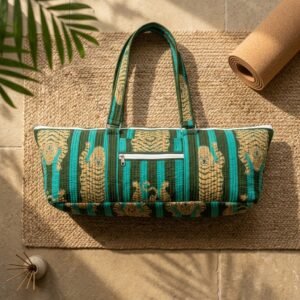 Green Tiger Quilted Yoga Mat Bag showing the traditional hand block print artisan design with the spacious duffle-style opening and comfortable shoulder carry handles.