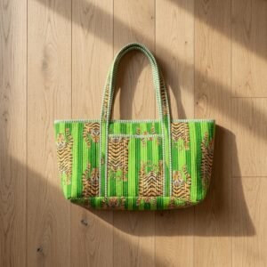 Green Tiger Quilted Yoga Tote Bag showing the traditional hand block print artisan design with the spacious duffle-style opening and comfortable shoulder carry handles.
