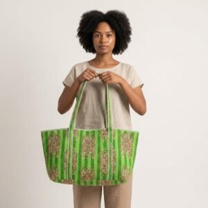 Green Tiger Quilted Yoga Tote Bag showing the traditional hand block print artisan design with the spacious duffle-style opening and comfortable shoulder carry handles.