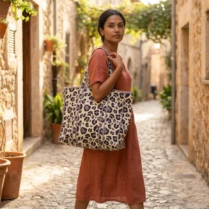 Exotic Cat Quilted Cotton Tote Bag showing the traditional hand block print artisan design with the spacious main compartment opening and reinforced double shoulder handles.