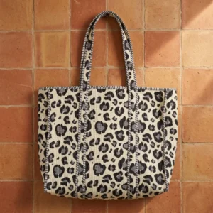 Exotic Cat Quilted Cotton Tote Bag showing the traditional hand block print artisan design with the spacious main compartment opening and reinforced double shoulder handles.