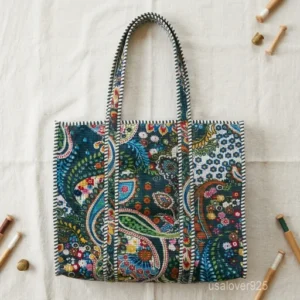 A person carrying a large Quilted Paisley Cotton Tote Bag comfortably over their shoulder during a weekend getaway travel trip.