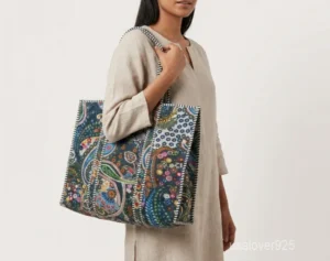 Close-up of the paisley print detailing, dense parallel line quilted stitching rows, integrated secure inside pocket, and comfortable handles on an Indian cotton tote bag.