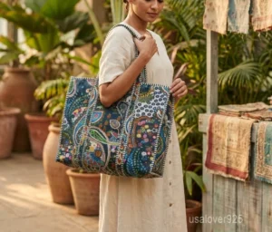 Quilted Paisley Cotton Tote Bag with comfortable shoulder handles showing the multicolored floral and traditional paisley print design.
