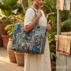 Quilted Paisley Cotton Tote Bag with comfortable shoulder handles showing the multicolored floral and traditional paisley print design.