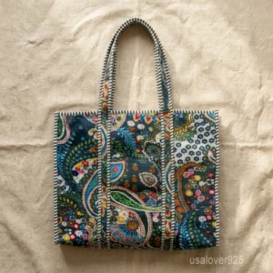 Quilted Paisley Cotton Tote Bag with comfortable shoulder handles showing the multicolored floral and traditional paisley print design.