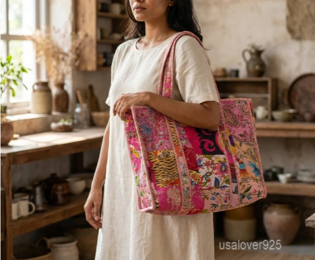 Quilted Patchwork Print Cotton Shoulder Tote Bag showing the intricate handmade block print patchwork patterns.