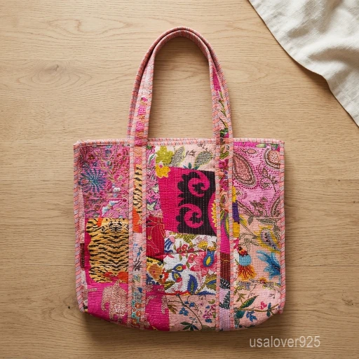 Quilted Patchwork Print Cotton Shoulder Tote Bag showing the intricate handmade block print patchwork patterns.