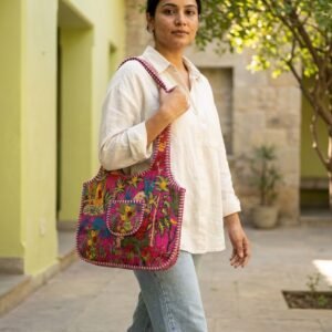 Pink Floral Quilted Cotton Tote Bag showing the traditional hand block print artisan design with the top zipper closure and reinforced double shoulder handles.