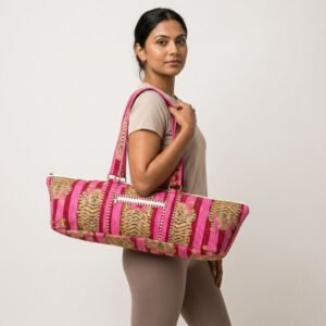 Pink Tiger Quilted Yoga Mat Bag showing the traditional hand block print artisan design with the spacious duffle-style opening and comfortable shoulder carry handles.