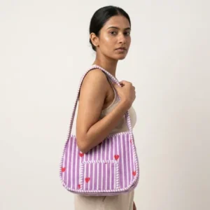 Quilted Purple Striped Cotton Shoulder Bag showing the traditional hand block print heart artisan design with the secure top zipper closure and wide shoulder carry handles.