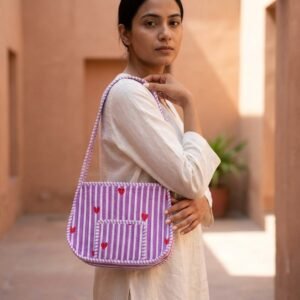 Quilted Purple Striped Cotton Shoulder Bag showing the traditional hand block print heart artisan design with the secure top zipper closure and wide shoulder carry handles.