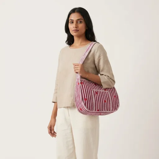 Quilted Striped Cotton Shoulder Bag showing the traditional hand block print heart artisan design with the secure top zipper closure and wide shoulder carry handles.