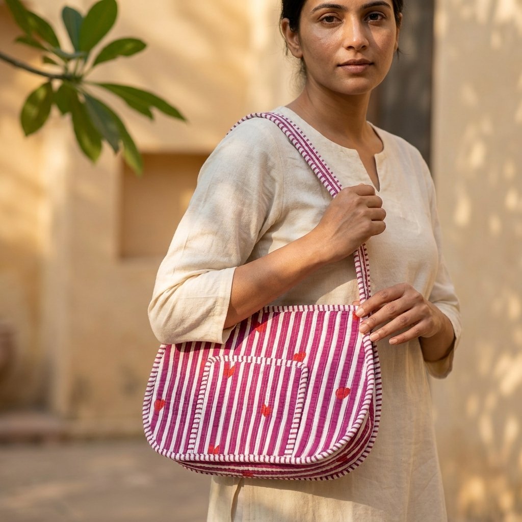 Quilted Striped Cotton Shoulder Bag showing the traditional hand block print heart artisan design with the secure top zipper closure and wide shoulder carry handles.