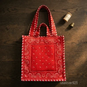 A person walking outdoors holding a Red Bandana Quilted Tote Bag by its double handles as a relaxed everyday handbag.