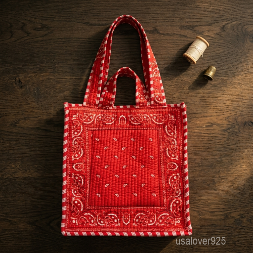 A person walking outdoors holding a Red Bandana Quilted Tote Bag by its double handles as a relaxed everyday handbag.