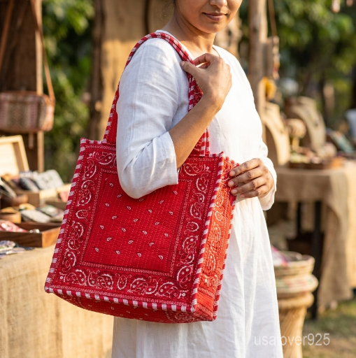 Red Bandana Quilted Tote Bag with double handle shoulder straps showing the classic white paisley print on a vibrant red background.